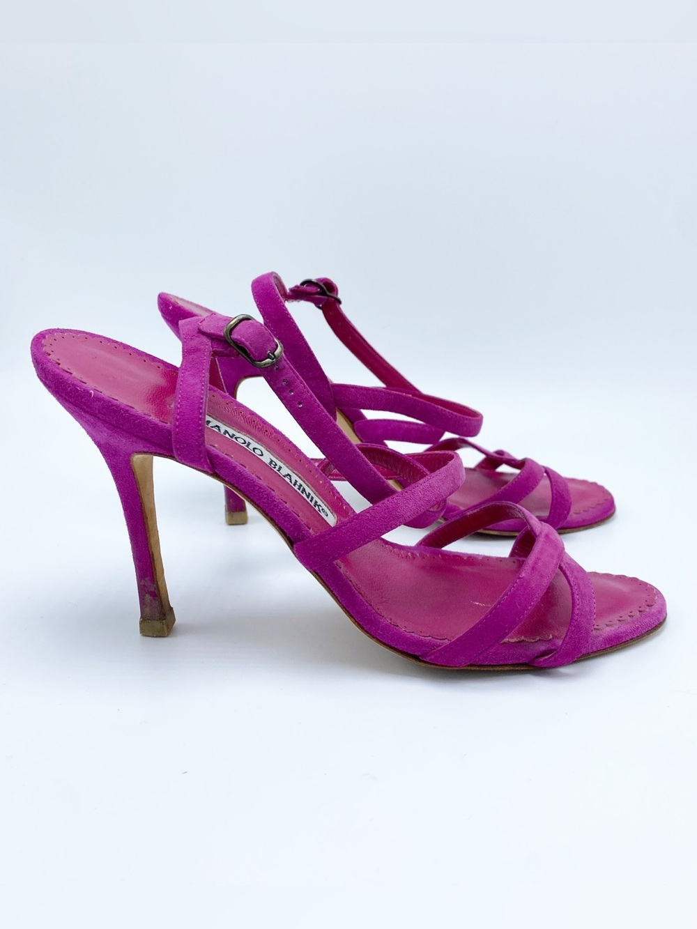 Manolo Blahnik 36.5 / 6.5 Fuchsia Suede Strappy Stiletto Heel Sandals - Picture 2 of 10